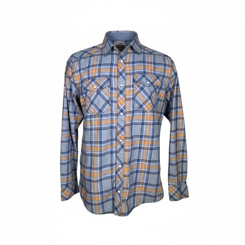 Mens Blue‎ Orange Plaid Western Pearl Snap Shirt Long Sleeve Cowboy Yoke Large